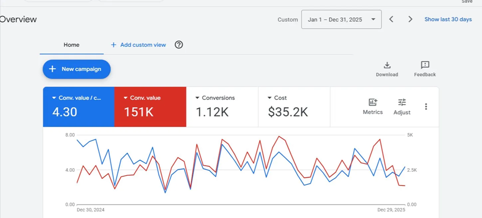 Beaver Builder Google Ads full year 2025 - $151K revenue from $35.2K spend